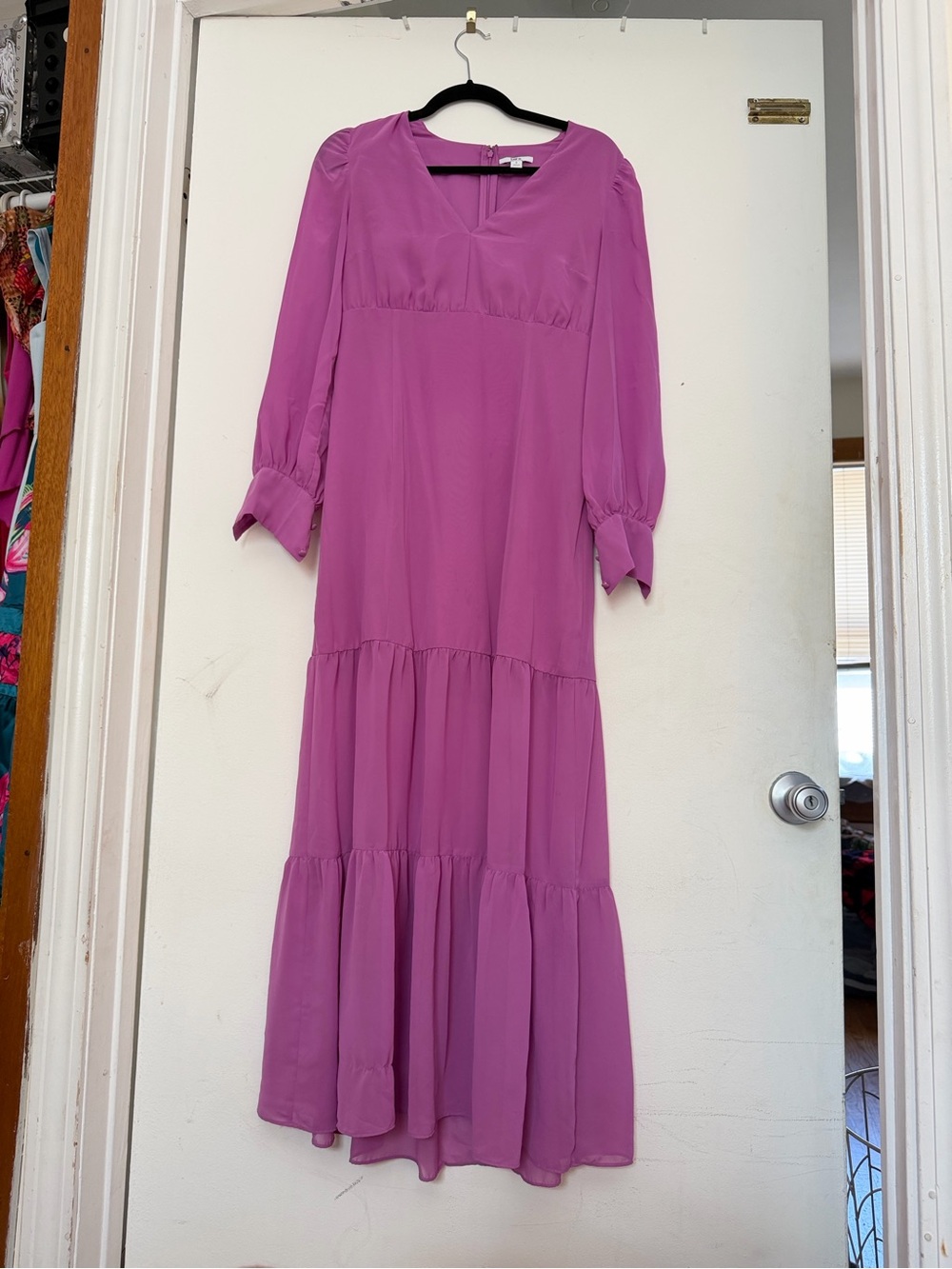 Bar III Fuchsia Tiered Maxi Dress with V-Neckline